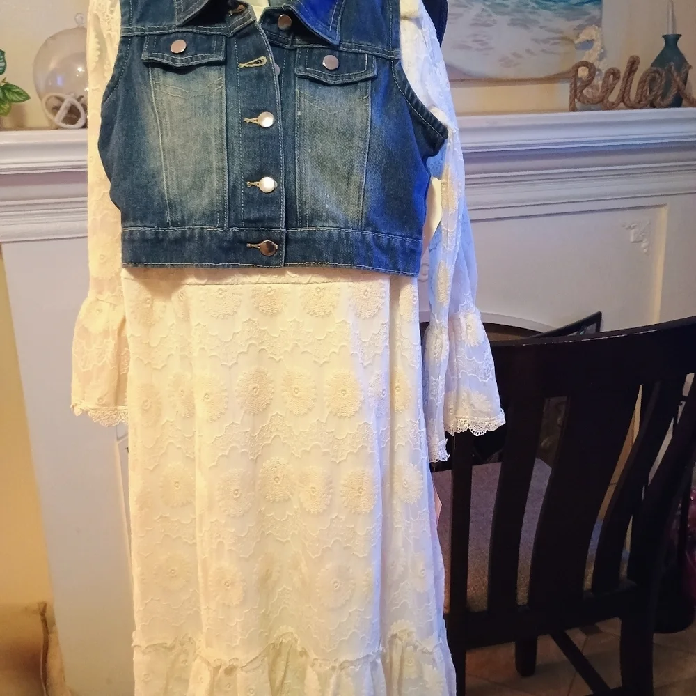 Rare Editions Gold Embellished Sundress Sleeveless Casual Jean Lace New